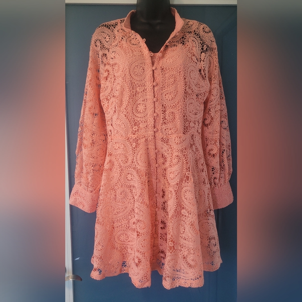 DRESS Peach Crochet Lace Button-Front Tunic SIZE L - Picture 12 of 17